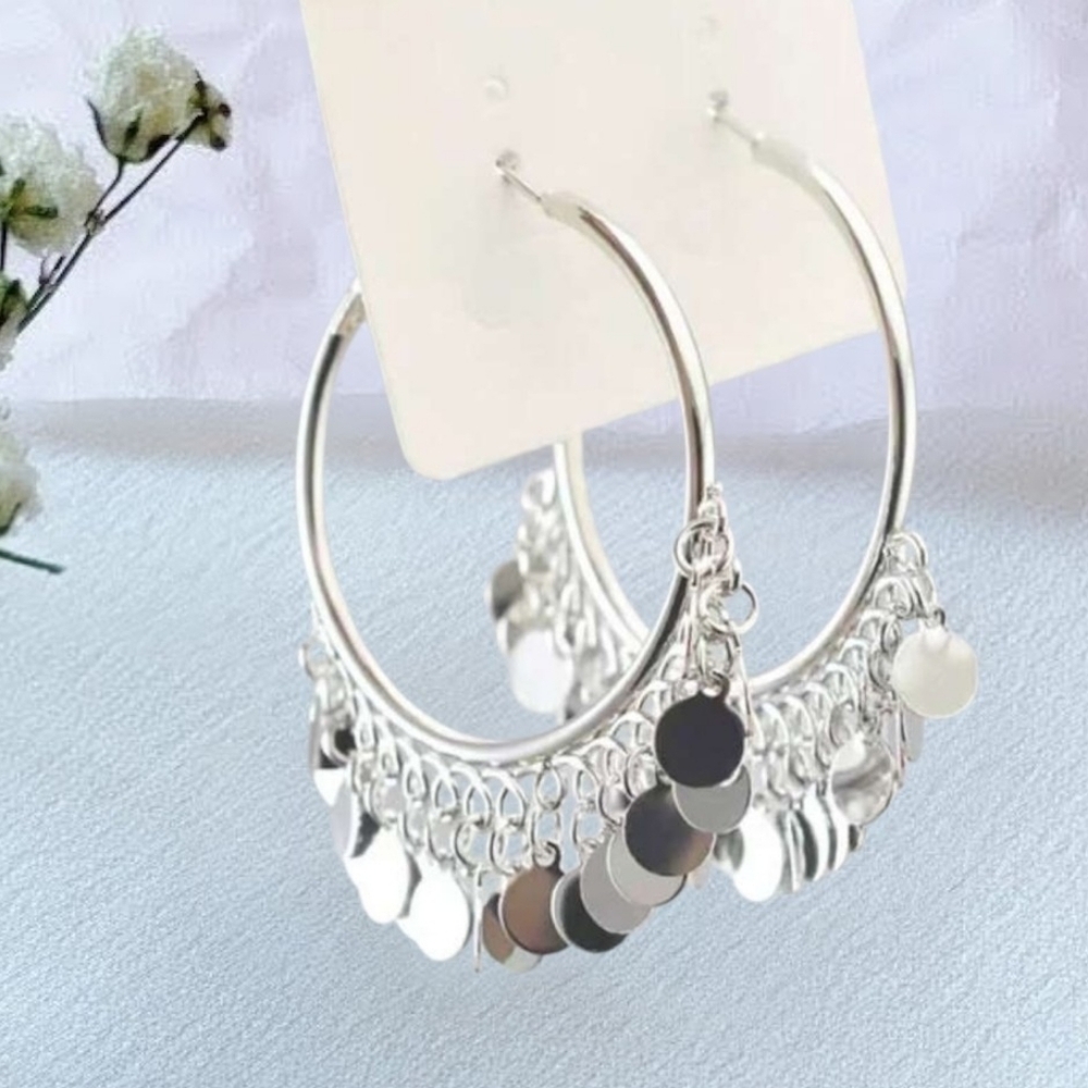 Boho Silver Disk Tassel Hoop Earrings
